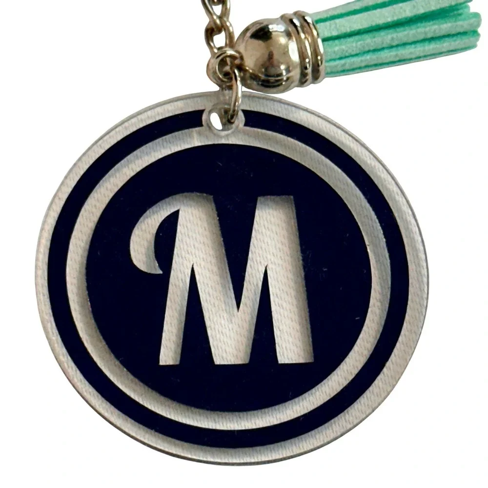 Handcrafted Monogram Letter M‎ Keychain Navy Blue Acrylic Mint Green Tassel NEW
